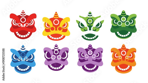Colorful Lion Dance Masks Collection, Chinese New Year Celebration, Festive Asian Culture
