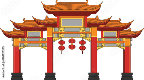 Traditional Chinese archway with ornate curved roofs, red columns, golden accents, and hanging lanterns, cultural architectural illustration for temples, gardens, and heritage projects