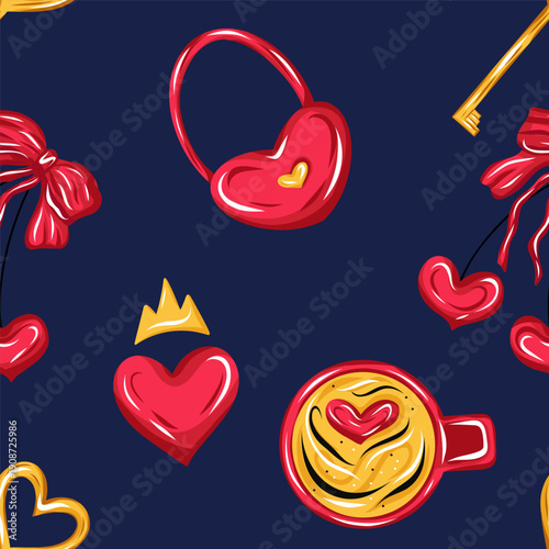Seamless Valentine Day pattern with hearts, coffee cups, keys, bows and romantic symbols, vector in cute hand drawn cartoon style for textiles, wallpaper, wrapping, packaging and love themed designs
