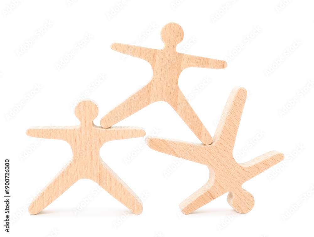 Obraz premium Wooden stacking acrobats isolated on white. Balancing game