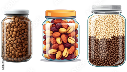 3 transparent glass jars filled with coffee beans, dried fruits, and colorful candy, isolated transparent background, editable vector artwork ai illustration file, gourmet jar trio design
