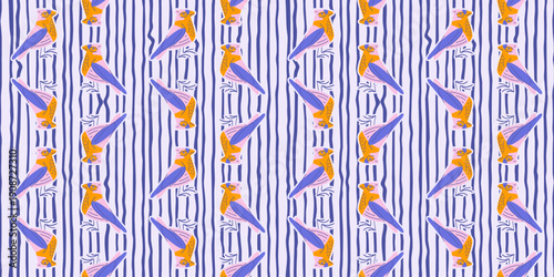 Colorful Bird Seamless Pattern Illustration. Colorful bird seamless pattern featuring stylized birds arranged over a striped graphic background, creating a bold and rhythmic repeating composition.