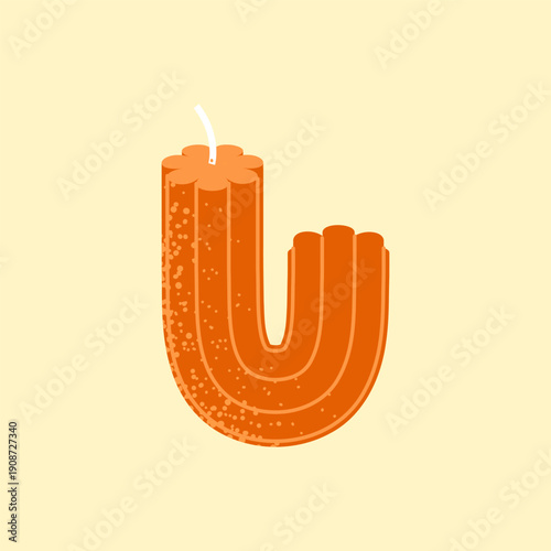 Candle shaped as letter U with wax texture, wick detail, warm orange color and soft decorative style. Suitable for alphabet themes, celebration concepts and playful visual design.