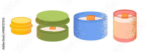Spring candle jar illustration set featuring closed and open containers with decorative textures and soft colors.