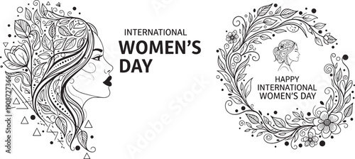 International Womens Day with female profile and floral wreath woman head hair
