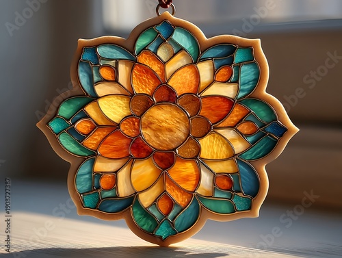 Stained glass floral mandala suncatcher in warm amber tones