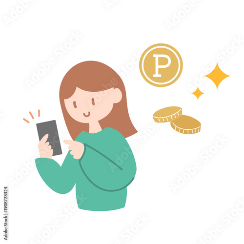 スマホを操作する女性のベクターイラスト お金 ポイント