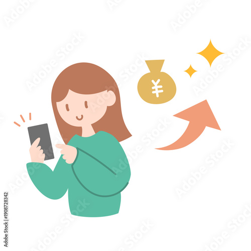 スマホを操作する女性のベクターイラスト お金