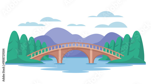 A serene bridge spans a calm river surrounded by lush greenery and majestic mountains under a cloudy sky