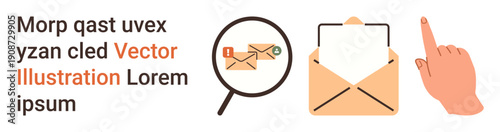 Email management, online communication, digital search, messages, mailbox organization, business correspondence. Magnifying glass, envelope hand pointing. Email management and online communication