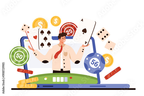 Online casino games, gambling dice, roulette game chips and playing cards offers. Tiny blackjack dealer on laptop screen holding poker cards to play with fortune and win cartoon vector illustration