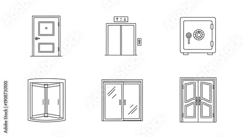 door and elevator icons, safe, glass doors, double doors, outline