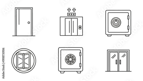 door, elevator, safe icons set - outline style