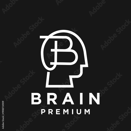 Modern human head and brain outline logo design with initial letter B, representing intelligence, mind, and innovation.