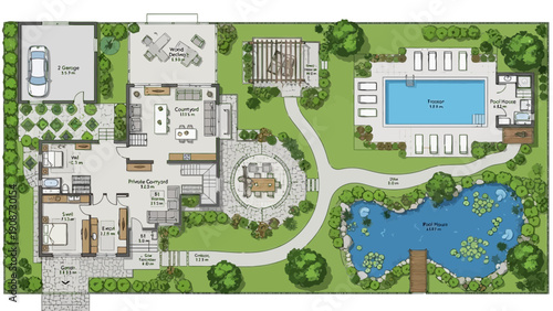 Luxury home plan with pool and garden, architectural design