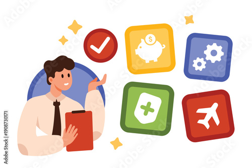 Benefits of corporate company employee. Medical, salary and vacation, support and career development incentives for tiny male office worker with document on clipboard cartoon vector illustration