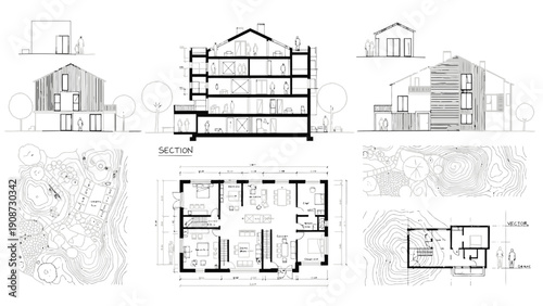 Architectural plans and building design, house elevation, section and floor plans