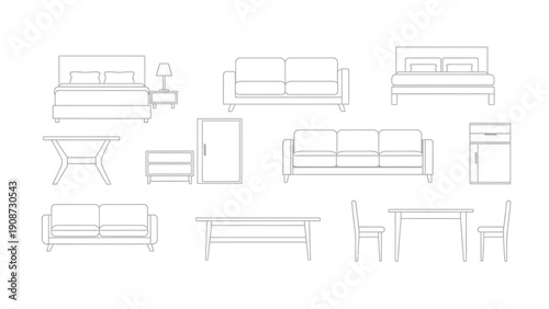 Furniture line drawing, bedroom, living room, dining room, sketch