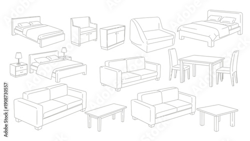 furniture outline set, bedroom and living room decor, minimalist design