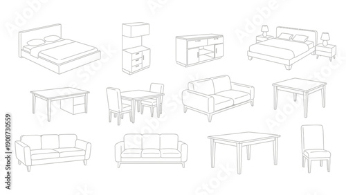 Furniture line art collection, minimalist home decor elements