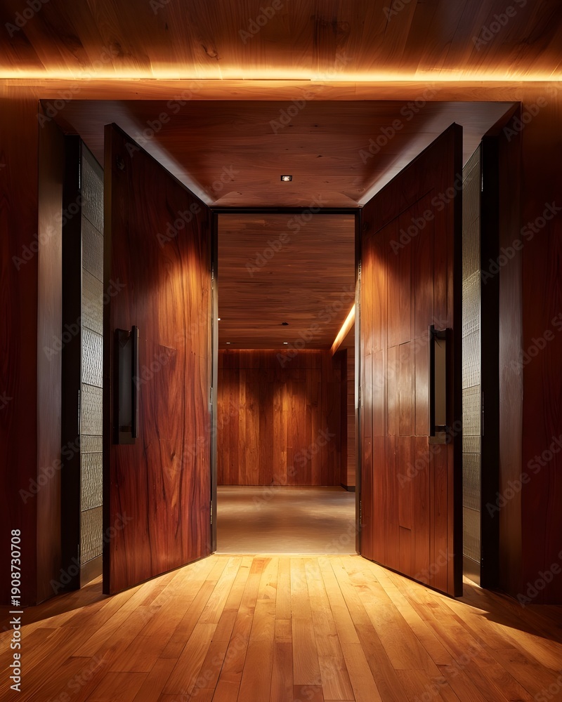 Fototapeta premium Ajar Doors With Warm LED Strip Along Teak: Cozy Luxury Interior Detail For Modern Living Concepts