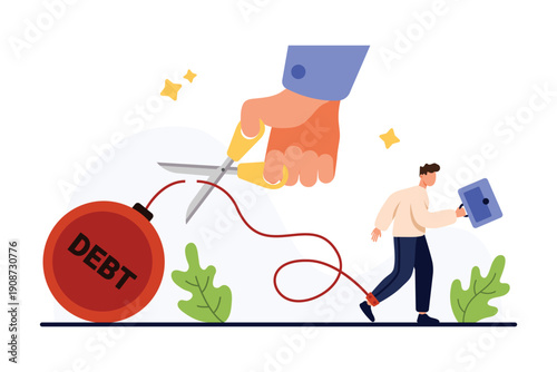 Debt free, freedom of financial payment, loan, tax, bankruptcy. Giant hand holding scissors to cut chain with Debt weight ball connection from tiny happy businessman with briefcase vector illustration
