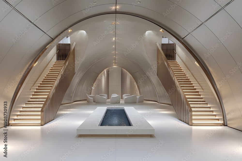 Fototapeta premium Symmetrical Private Jet Terminal Foyer With Twin Staircases: Luxury Travel Architecture For Premium Branding