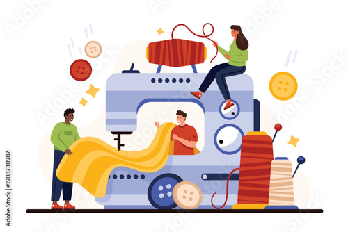 Atelier tailoring, workshop, fashion industry. Tiny people people create, sew clothes on big sewing machine, using textile, spools of thread and buttons for apparel cartoon vector illustration