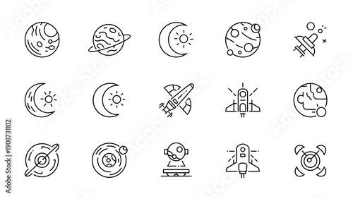 Space icons set, planets, moon, rocket, satellite, astronaut, line art