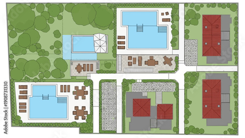 Luxury residential complex aerial view, swimming pools, landscape design
