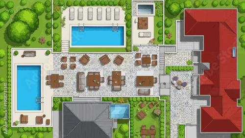 Luxury villa aerial view with pool and garden