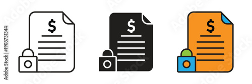 Secure Payment Or Invoice Icon Vector. Secure billing document icon set with padlock and dollar symbol, perfect for fintech apps, electronic invoices, and financial data protection.