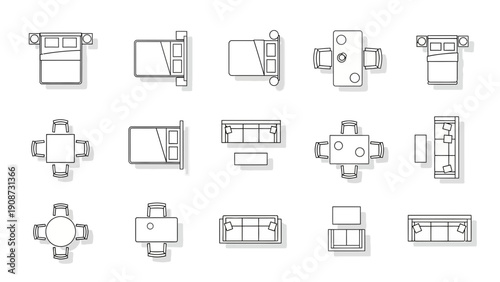 furniture top view, interior design, room layout, plan