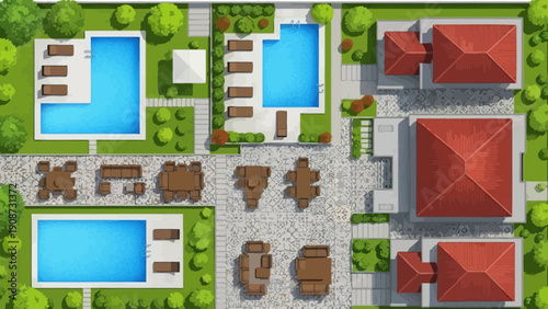 Luxury villa aerial view with swimming pools and garden