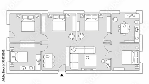 Apartment floor plan with multiple bedrooms and living spaces