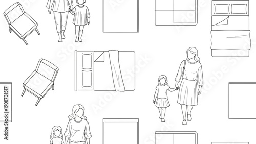 Family and furniture sketch illustration, home interior design
