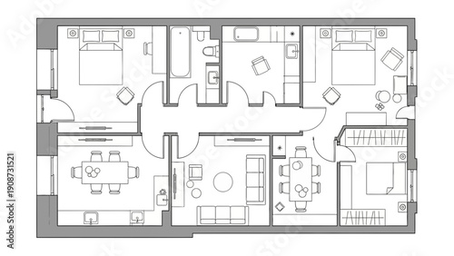 Apartment floor plan with bedrooms and living areas