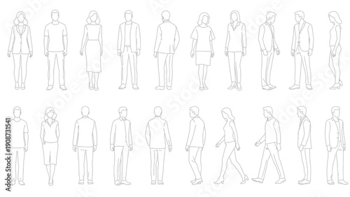 line art people silhouettes, diverse figures, front and back views