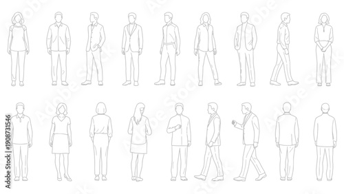 line art people, diverse figures, outline illustrations, standing poses