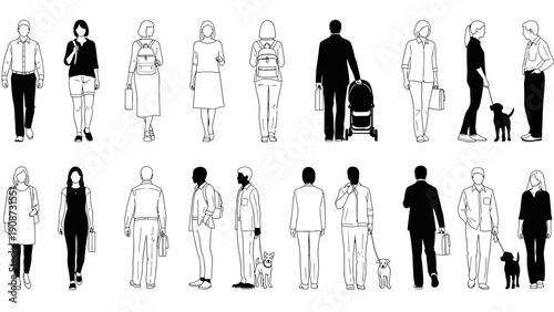 people silhouettes walking, line art, street scene, black and white