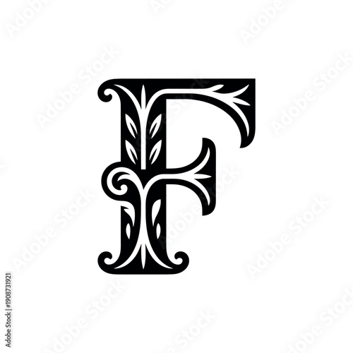 A large ornate letter F with floral designs on a white background