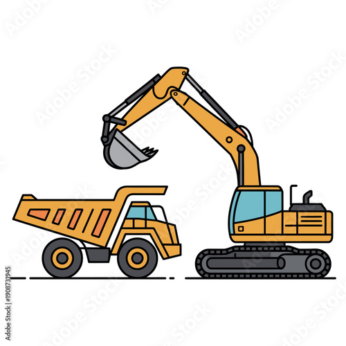 A cartoon illustration of a yellow excavator loading a dump truck on a construction site with a white background.