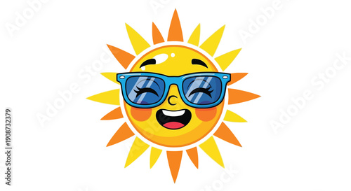 Happy cartoon sun wearing sunglasses smiling brightly.