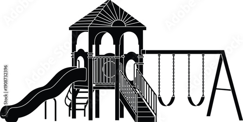 Black Silhouette of a Modern Childrens Backyard Playground Equipment Set Featuring a Playhouse Tower with Slide Stairs and Dual Swings on a White Background