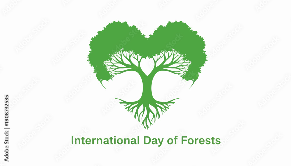 Obraz premium Green Tree Silhouette Heart Shape Roots.