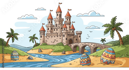 Whimsical Easter Castle Scene with Decorated Eggs.