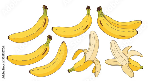 Collection of Ripe Yellow Bananas and Peeled Bananas.