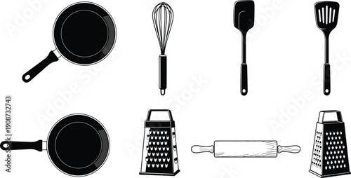 Vector Collection of Black Kitchen Utensils Silhouette Set Including Frying Pans Whisk Spatula Slotted Turner Rolling Pin and Cheese Graters Isolated on White Background