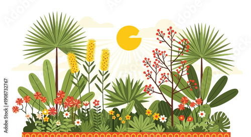 Vibrant Tropical Garden with Diverse Flora and Fauna.