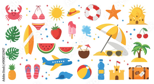 Vibrant Summer Vacation Elements Collection for Tropical Getaways.